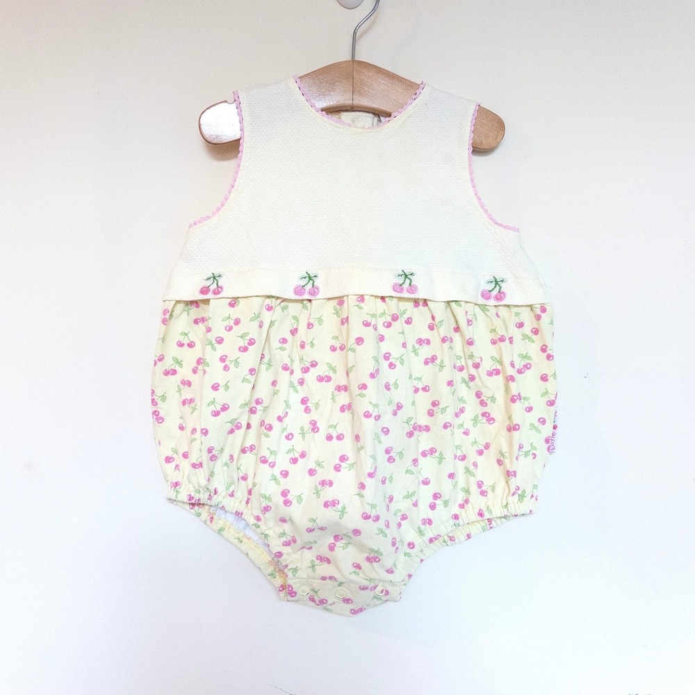 Vintage Little Me Y2K Romper Yellow Pink Cherry Print Embroidered Baby 24 Months